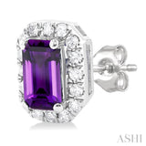 5x3 MM Octagonal Shape Amethyst and 1/8 Ctw Single Cut Diamond Halo Semi-Precious Stud Earrings in 14K White Gold
