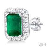 6x4 MM Octagonal Shape Emerald and 1/4 Ctw Round Cut Diamond Halo Precious Stud Earrings in 14K White Gold