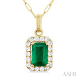6x4 MM Octagonal Shape Emerald and 1/6 Ctw Round Cut Diamond Halo Precious Pendant with Chain in 10K Yellow Gold