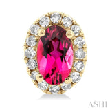 5x3 MM Oval Shape Pink Tourmaline and 1/8 Ctw Single Cut Diamond Halo Semi-Precious Stud Earrings in 14K Yellow Gold