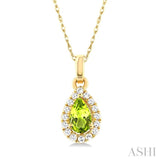 5x3 MM Pear Shape Peridot and 1/20 Ctw Single Cut Diamond Halo Semi-Precious Pendant with Chain in 10K Yellow Gold
