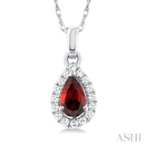 5x3 MM Pear Shape Garnet and 1/20 Ctw Single Cut Diamond Halo Semi-Precious Pendant with Chain in 14K White Gold