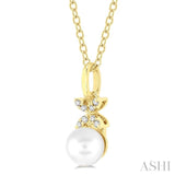 6 MM Round Shape Cultured Pearl and 1/50 Ctw Petite Floral Round Cut Diamond Fashion Pendant With Chain in 10K Yellow Gold