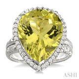16x13 MM Pear Shape Lemon Quartz and 1/3 Ctw Round Cut Diamond Semi-Precious Ring in 14K White Gold