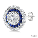 1/3 Ctw Circular Shape 1.00MM Round Cut Sapphire, Baguette and Round Cut Diamond Fusion Precious Stud Earrings in 14K White Gold