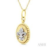 1/20 Ctw Fleur De Lis Motif Fluted Medallion Round Cut Diamond Pirouette Fashion Pendant With Chain in 10K Yellow and White Gold