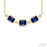 4X3MM Emerald Cut Sapphire and 1/50 Ctw Bezel Set Round Cut Diamond Precious Fashion Necklace in 10K Yellow Gold