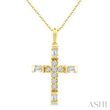 1/20 Ctw Baguette and Round Cut Diamond Cross Shape Fashion Pendant With Chain in 10K Yellow Gold