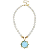 Susan Shaw Aqua Venetian Glass Horse Intaglio on Genuine Freshwater Pearl Necklace ZGF-05148