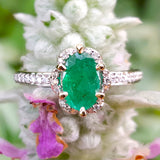 14k White Gold Emerald and Diamond Scalloped Halo Ring   DCR-24434