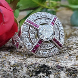 18K White Gold Double Halo Diamond Art Deco Ring with Rubies DFR-26027