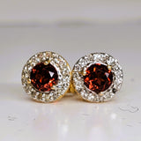 14K Yellow Gold Diamond Halo Garnet Stud Earrings -  DER-25958