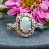14k White Gold Opal & Diamond Halo Infinity Style Ring - DCR-24696
