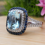 14 Karat White Gold Aquamarine, Diamond & Sapphire Ring DCR-24710
