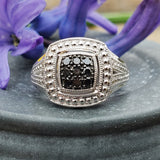 Sterling Silver Black Diamond Cluster Square Shape Ring  SDM-11199