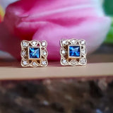 14KY .08CTW Diamond Sapphire Square Halo Stud Earrings -  DER-25893 DER-25894