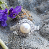 Sterling Silver Pearl and Diamond Halo Ring  SDM-10615