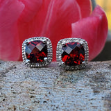 14k White Gold Cushion Cut Garnet and Diamond Halo Earrings - DER-25636