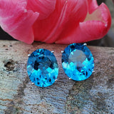 14K White Gold Large Oval  Blue Topaz Stud Earring  GER-23507