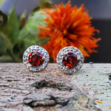 14K Yellow Gold Diamond Halo Garnet Stud Earrings -  DER-25958