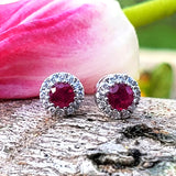 14k White Gold Round Ruby and Diamond Halo Stud Earrings - DER-25645