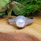 Sterling Silver Pearl and Diamond Halo Ring  SDM-11124