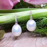 14K White Gold Fresh Water Pearl & Diamond Dangle Earrings DER-25906