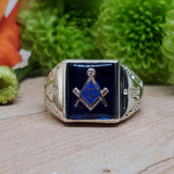 Sterling Silver Solid Back Blue Masonic Gents Ring SSJ-13083