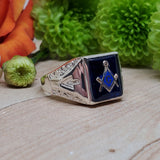 Sterling Silver Solid Back Blue Masonic Gents Ring SSJ-13083