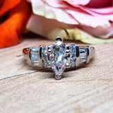 Platinum Marquise Diamond Ring with Baguette & Round Side Diamonds DSR-23758
