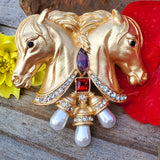 Vintage Double Horse Head Pearl, Red & Purple Brooch ZGF-05060