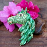 Horse Head Crystal Brooch - Green ZGF-05070