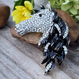 Horse Head Brooch Black & Sliver with White Rhinestones ZGF-05088