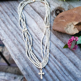 14k Yellow Gold 14" 4 Strand Seed Pearl With Cross Necklace DEJ-24549
