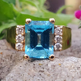 14K Yellow Gold Emerald Cut Blue Topaz Ring c