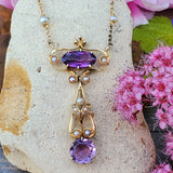 14K Yellow Gold Amethyst and Pearl Lavalier Pendant DEJ-24732