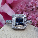 14K White Gold Diamond and Sapphire Square Halo Ring DEJ-24700
