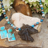 Sterling Silver Smoky Quartz & Turquoise Horse Head Necklace   SSJ-13722