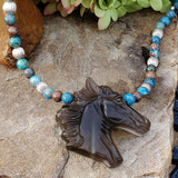 Sterling Silver Smoky Quartz & Turquoise Horse Head Necklace   SSJ-13722