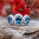 10K White Gold Diamond & Montana Sapphire Oval 3 Stone Ring DCR-24772