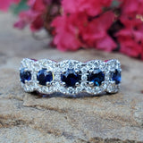 14k White Gold 5 Stone Diamond Halo Sapphire Ring DCR-24776