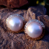 14k Yellow Gold Mabe Pearl Greek Key Stud Earrings DEJ-24759