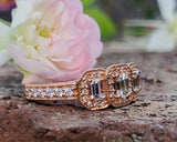 14K Rose gold 1.05 CTW Three Emerald Cut Diamond Halo Engagement Ring DFR-25790