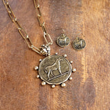 Antiqued Gold Tone Western Horse Coin Statement Necklace SSJ-13689