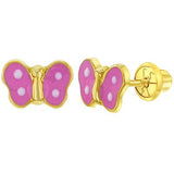 14k Yellow Gold Butterfly Pink Earrings GER-23597