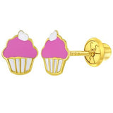 14k Yellow Gold Cupcake Pink Earrings GER-23596