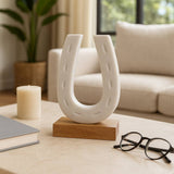 White/Brown Marble Horseshoe on Wood Base Figurine ZGT-06052