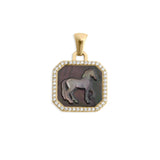 Gold Finish Stainless Steel Black Mother of Pearl Horse With CZ Stone Pendant SSJ-13665