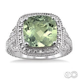 Sterling Silver Cushion Cut Green Amethyst & Diamond Halo Ring SDM-11418