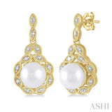 Sterling Silver Gold Vermiel Diamond and Pearl Dangle Earrings SDM-11420